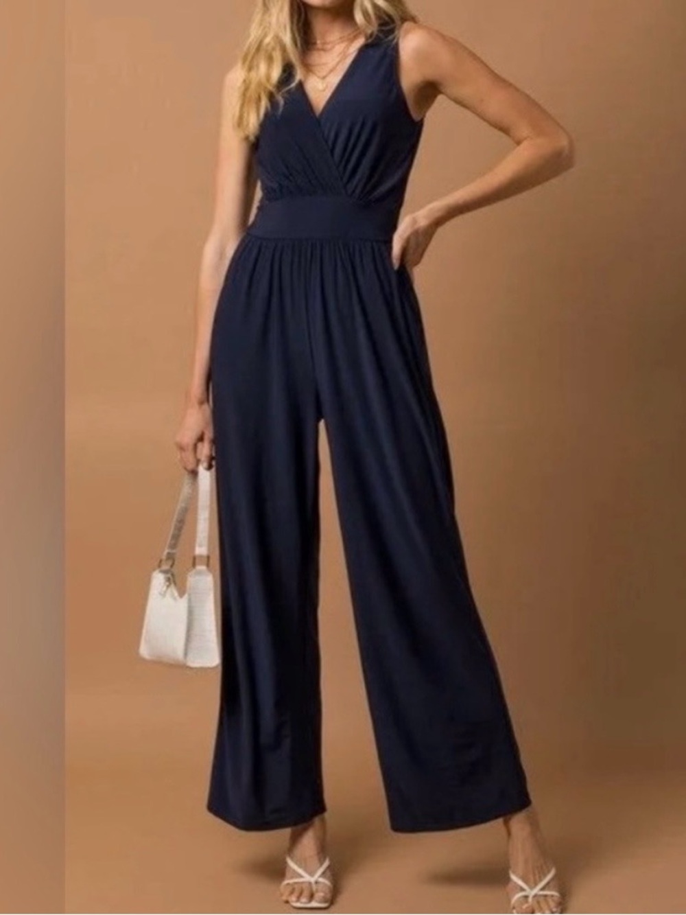 Gilli Navy Sleeveless Surplice Wide-Leg Jumpsuit